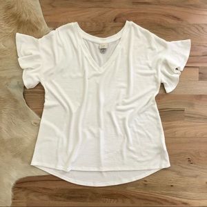 Ruffle V-neck White T-Shirt